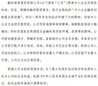 逾期租金飆至6.44億元后，融信租賃申請破產 時運不濟還是早有預謀？